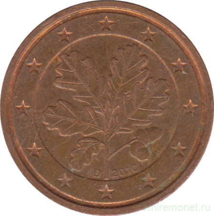 Монета. Германия. 2 цента 2010 год. (D).