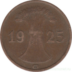 Монета. Германия. Веймарская республика. 1 рейхспфенниг 1925 год. Монетный двор - Карлсруэ (G).