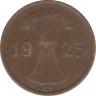 Монета. Германия. Веймарская республика. 1 рейхспфенниг 1925 год. Монетный двор - Карлсруэ (G). ав.