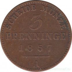 Монета. Пруссия (Германия). 3 пфеннига 1857 год.