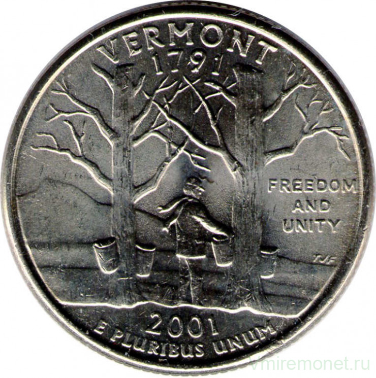 Монета. США. 25 центов 2001 год. Штат № 14 Вермонт. Монетный двор D.