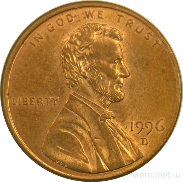 Монета. США. 1 цент 1996 год. Монетный двор D.