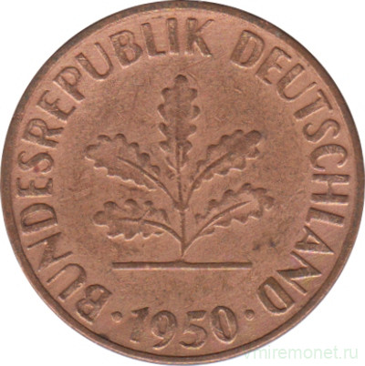 Монета. ФРГ. 1 пфенниг 1950 год. Монетный двор - Штутгарт (F).