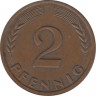 Монета. ФРГ. 2 пфеннига 1968 год. Монетный двор - Гамбург (J). Сталь с медным покрытием. рев.