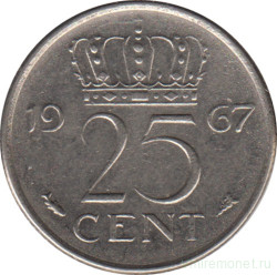 Монета. Нидерланды. 25 центов 1967 год.