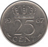 Монета. Нидерланды. 25 центов 1967 год. ав.
