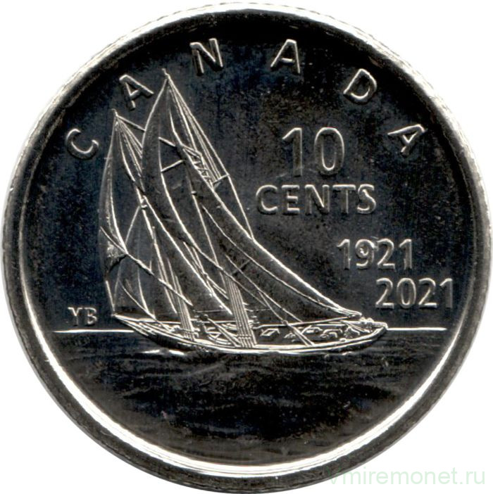 Монета. Канада. 10 центов 2021 год. 100 лет шхуне "Bluenose". Номинал рядом с кораблем.