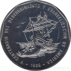 Монета. Доминиканская республика. 1 песо 1989 год. 500 лет открытия Америки.