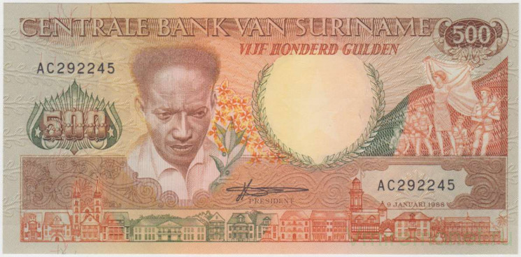 Банкнота. Суринам. 500 гульденов 1988 год. Тип 135b.