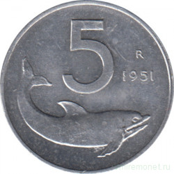 Монета. Италия. 5 лир 1951 год.