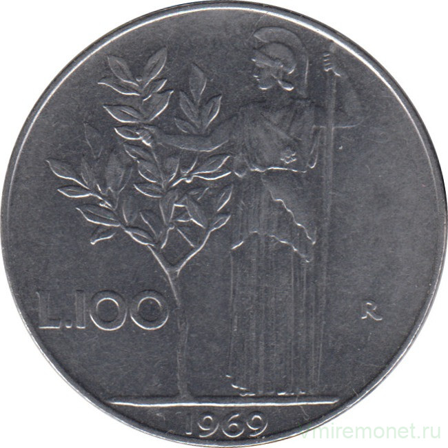 Монета. Италия. 100 лир 1969 год.