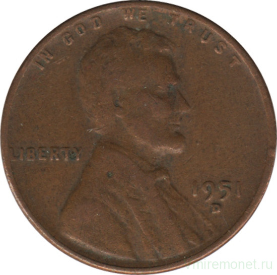 Монета. США. 1 цент 1951 год. Монетный двор D.