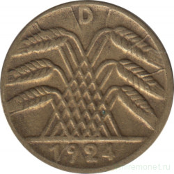 Монета. Германия. Веймарская республика. 5 рейхспфеннигов 1924 год. Монетный двор - Мюнхен (D).