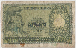 Банкнота. Италия. 50 лир 1951 год. Тип 91b.