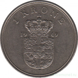 Монета. Дания. 1 крона 1969 год.