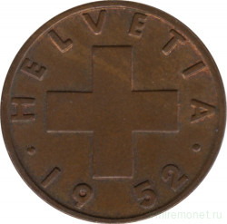 Монета. Швейцария. 2 раппена 1952 год. 