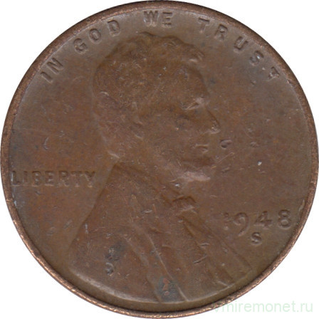 Монета. США. 1 цент 1948 год. Монетный двор S.