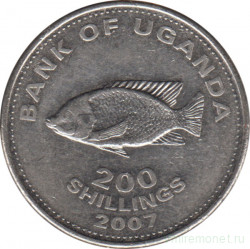 Монета. Уганда. 200 шиллингов 2007 год. Сталь покрытая никелем.