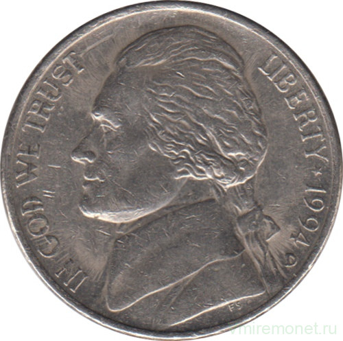 Монета. США. 5 центов 1994 год.  Монетный двор D.