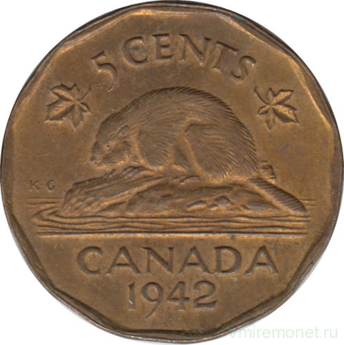 Монета. Канада. 5 центов 1942 год. Новый тип.