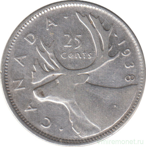 Монета. Канада. 25 центов 1938 год.
