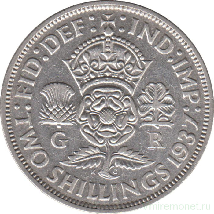 Монета. Великобритания. 2 шиллинга (флорин) 1937 год.