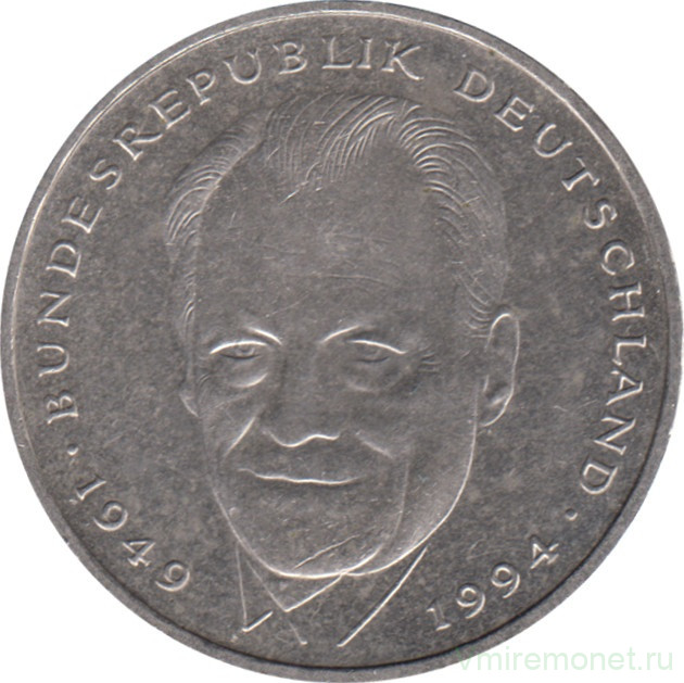 Монета. ФРГ. 2 марки 1994 год. Вилли Брандт. Монетный двор - Штутгарт (F).