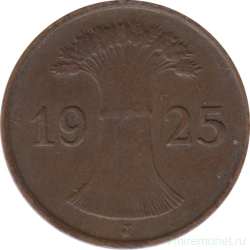 Монета. Германия. Веймарская республика. 1 рейхспфенниг 1925 год. Монетный двор - Гамбург (J).