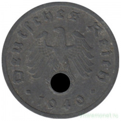 Монета. Германия. Третий Рейх. 1 рейхспфенниг 1940 год. Монетный двор - Штутгарт (F). Цинк.