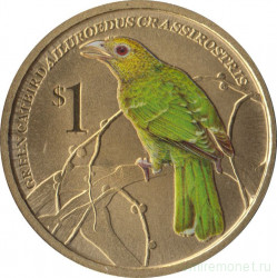 Монета. Тувалу. 1 доллар 2013 год. Австралийские птицы. Зелёная птица-кошка. В конверте.