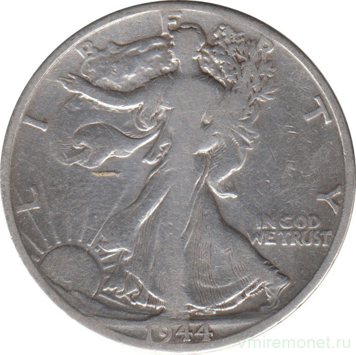 Монета. США. 50 центов 1944 год. Шагающая свобода. Монетный двор - Денвер (D).