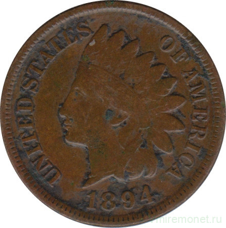 Монета. США. 1 цент 1894 год.
