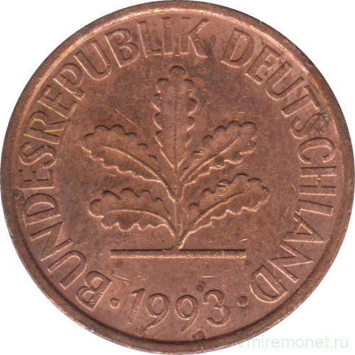 Монета. ФРГ. 2 пфеннига 1993 год. Монетный двор - Штутгарт (F).