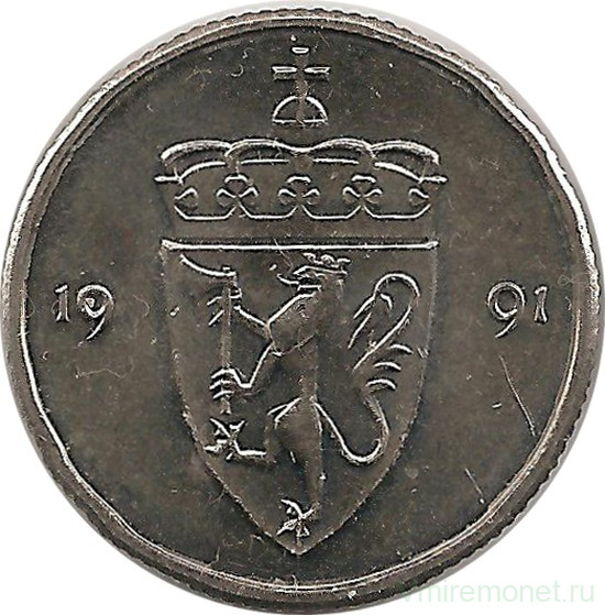 Монета. Норвегия. 50 эре 1991 год.