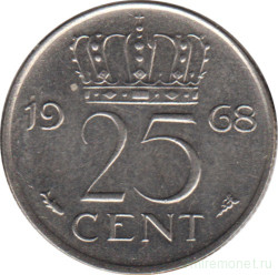 Монета. Нидерланды. 25 центов 1968 год.