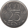 Монета. Нидерланды. 25 центов 1968 год. ав.