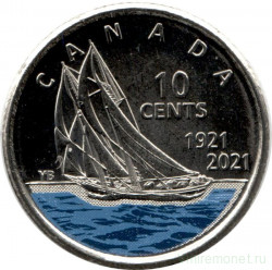 Монета. Канада. 10 центов 2021 год. 100 лет шхуне "Bluenose". Номинал рядом с кораблем. Цветная.