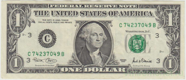 Банкнота. США. 1 доллар 2001 год. C. Тип 509.