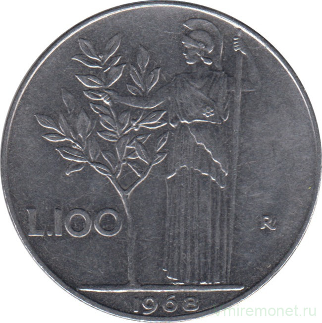 Монета. Италия. 100 лир 1968 год.
