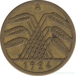 Монета. Германия. Веймарская республика. 5 рейхспфеннигов 1924 год. Монетный двор - Берлин (A).