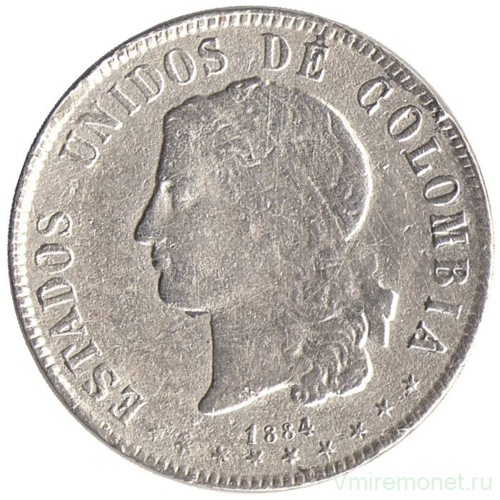 Монета. Колумбия. 20 сентаво 1884 год. Старый тип.