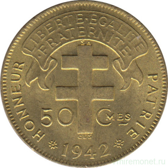 Монета. Французская Экваториальная Африка. 50 сантимов 1942 год.
