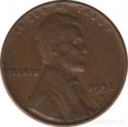 Монета. США. 1 цент 1952 год. Монетный двор D.