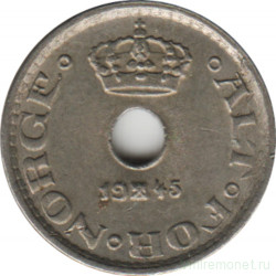 Монета. Норвегия. 10 эре 1945 год. (никель)