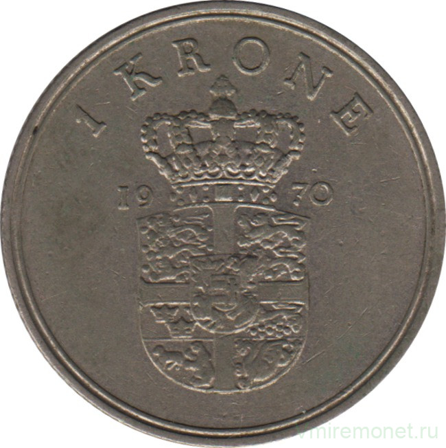 Монета. Дания. 1 крона 1970 год.
