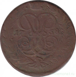 Монета. Россия. 2 копейки 1758 год. Надпись снизу.