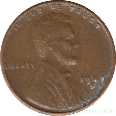 Монета. США. 1 цент 1949 год. Монетный двор S.