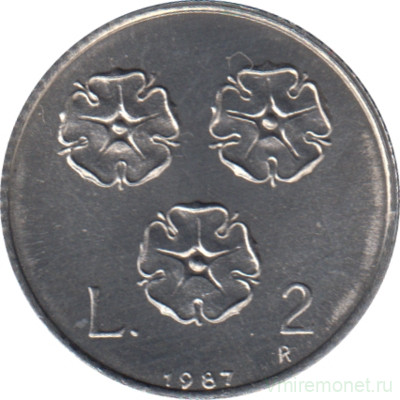 Монета. Сан-Марино. 2 лиры 1987 год. 15 лет возобновления чеканки лиры.