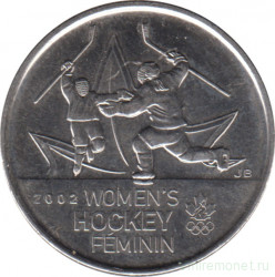 Монета. Канада. 25 центов 2009 год. Победа женской сборной по хоккею на олимпиаде в Солт-Лэйк-Сити 2002.