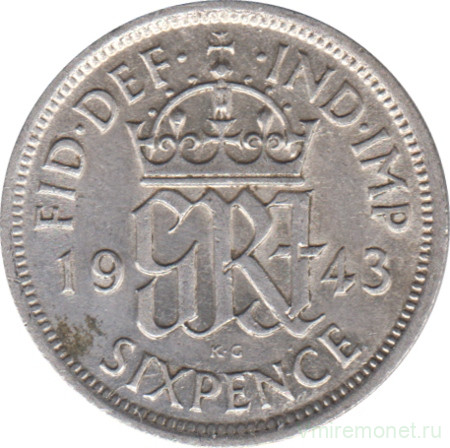 Монета. Великобритания. 6 пенсов 1943 год.